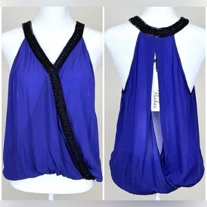 NWT Parker Draped Vineyard Purple Chiffon Open Back Tank Black Sequin Beading XS